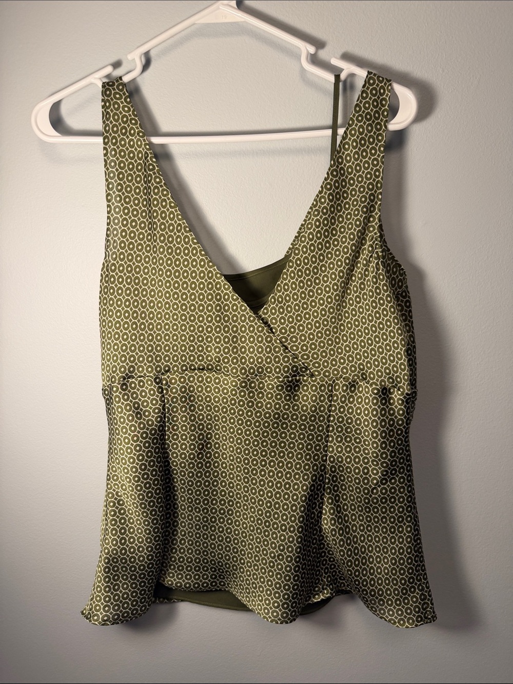 Olive Green Printed V-Neck silky Sleeveless Top